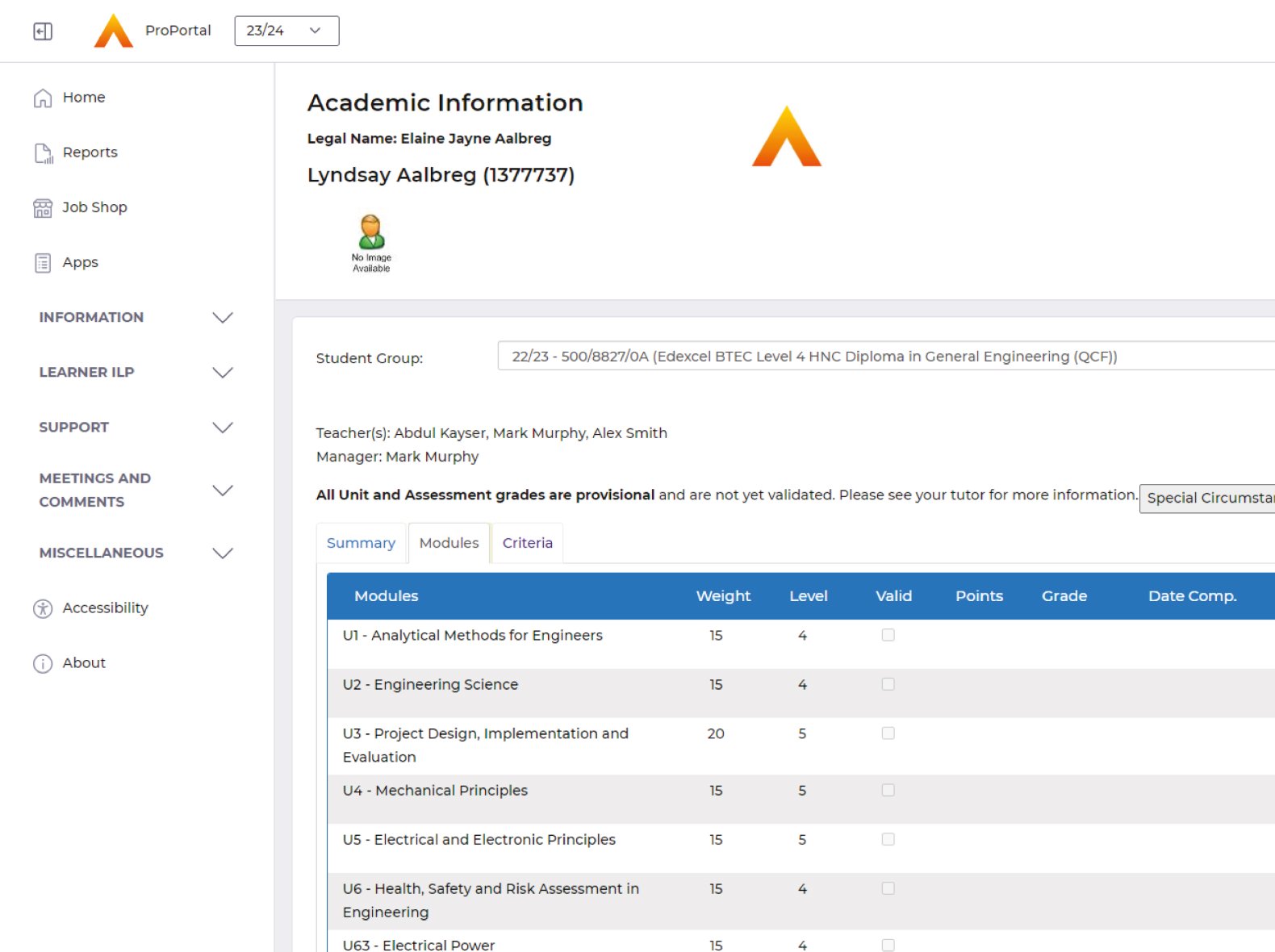 ILP and Markbook product ProMonitor in use)